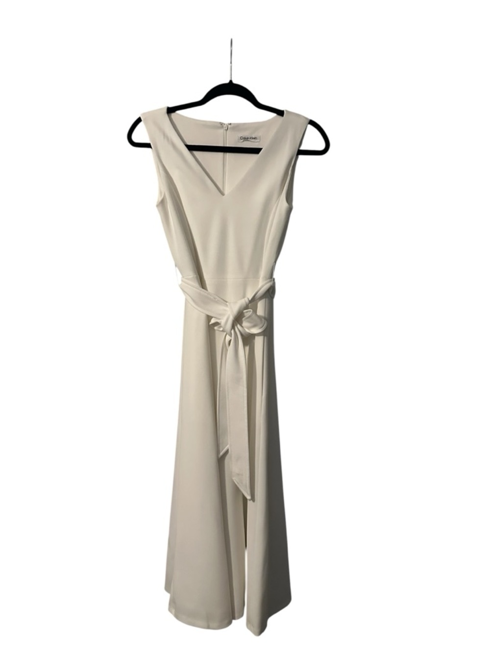 Calvin Klein Sleeveless Cream V-Neck Dress with Waist Tie